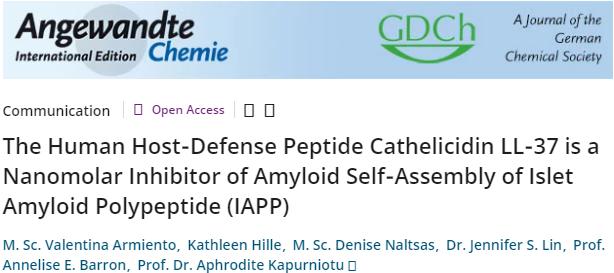 WILEY:防御肽Cathelicidin LL-37是胰島淀粉樣多肽（IAPP）淀粉樣自身組裝的納摩爾抑制劑